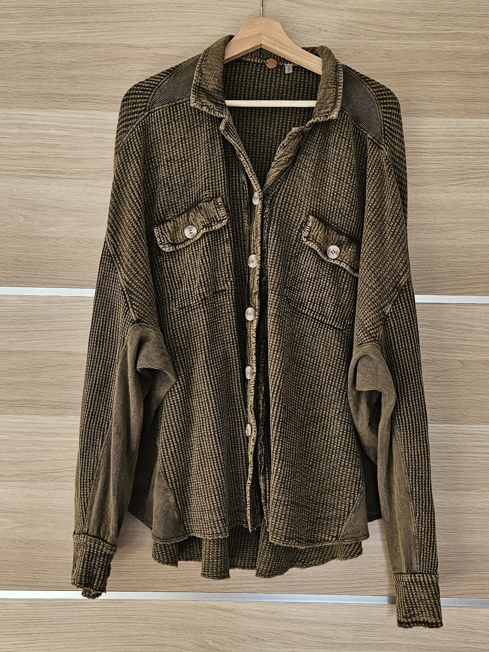 Free People One Scout Dip Dye Jacket Oversized Waffle Knit Cotton Olive Size L - Picture 3 of 11